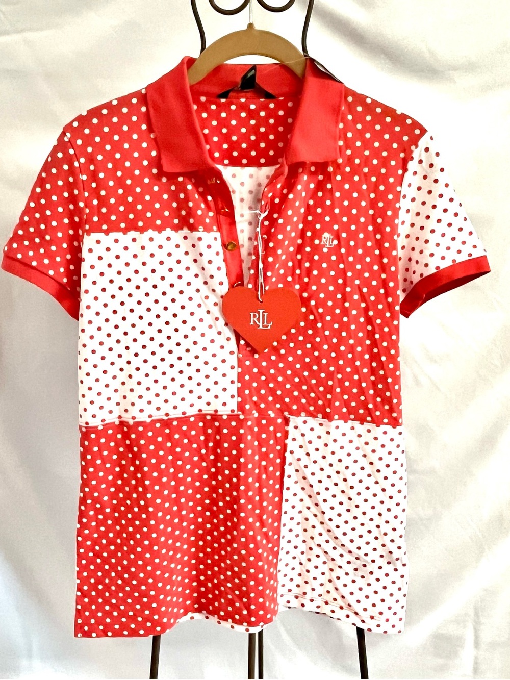 Ralph Lauren Polo Coral & White Polka Dot Patchwork Short Sleeve Logo Buttons SP